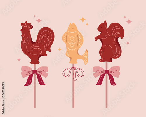Schilderij op canvas Hand drawn vector illustration with cute animal-shaped lollipops - squirrel, fish and rooster