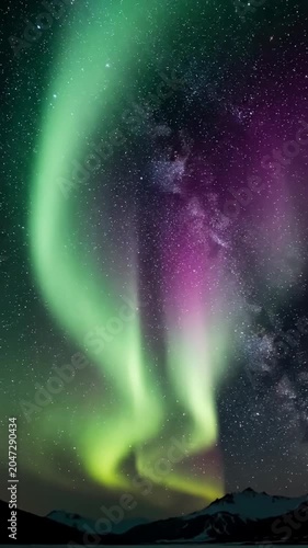 Green aurora borealis glowing over a starry night sky.