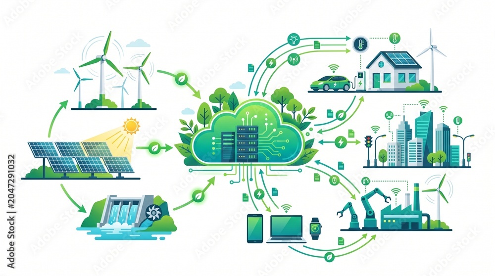 Fototapeta premium Smart city cloud technology and renewable energy network