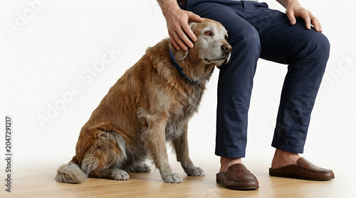 Loyal senior dog leaning against owner on wooden floor