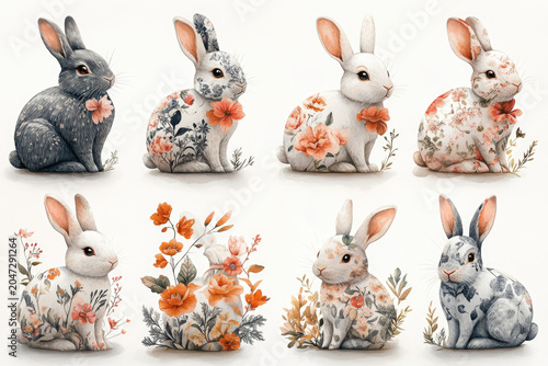 Six Minimalist Bunnies with Floral and Leaf Accents
