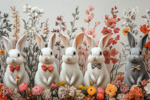 Soft Colored Rabbits with Intricate Botanical Designs