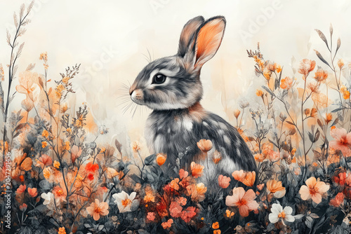 Hand-Drawn Bunnies Decorated with Flowers and Bows