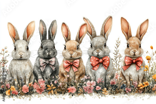 Hand-Drawn Bunnies Decorated with Flowers and Bows