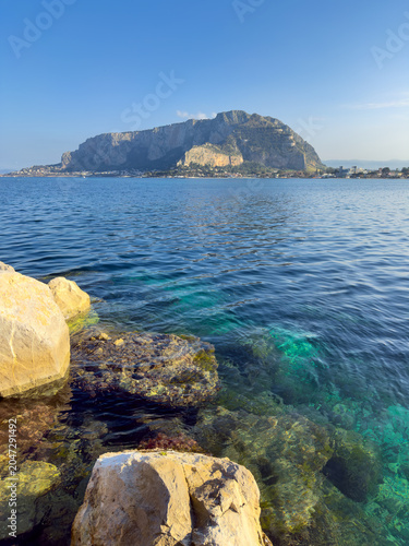 Palermo, Sicily, Italy. View of Mondello coast, in background monte Pellegrino.