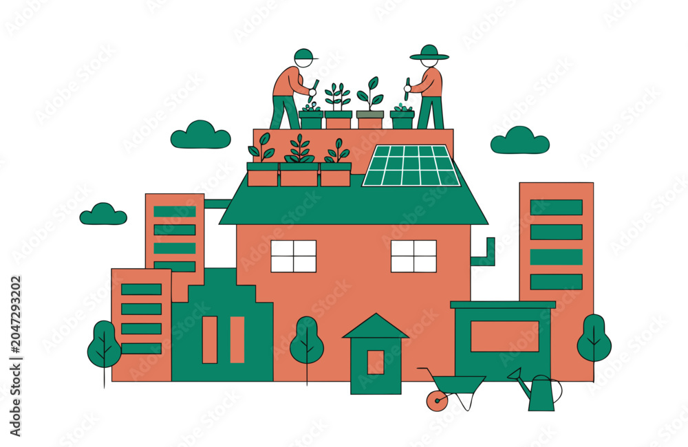 Fototapeta premium Urban gardeners tending rooftop plants on eco-friendly building with solar panels in cityscape