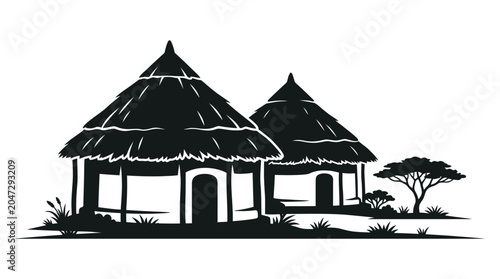 Quadro su tela African Huts Silhouette Against White Background Traditional Village Scene