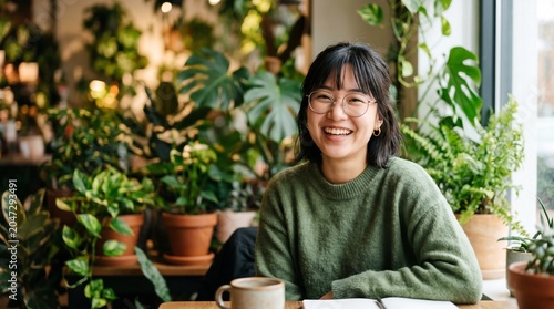 Asian woman smiling with plants around.