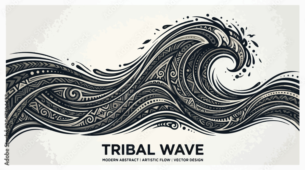 Fototapeta premium A modern abstract tribal wave design with black and white swirling patterns on a light gray background