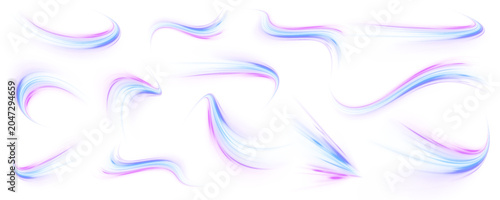 Blue and purple light streaks twist along highways. Set of energy waves create fast motion illusion. Vector PNG perfect for futuristic designs. 