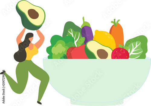 Healthy woman holding healthy food bowl vector illustration. Healthy lifestyle, world food day and vegan food concept