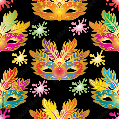 Seamless pattern with carnival masks and feathers on black background. Vector illustration.
