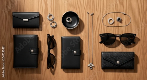 Meticulous Flat Lay of Black Luxury Accessories and Silver Jewelry on a Warm Wooden Table