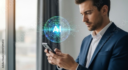 Intense Businessman Views Glowing AI Neural Network Hologram from his Phone