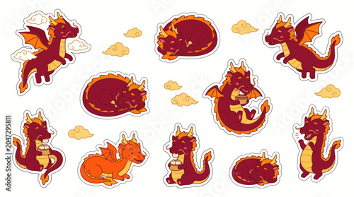 Set of cute red Chinese dragon stickers in various poses like sleeping and eating dumplings on white background, representing Lunar New Year and symbolizing traditional Asian mythical stories