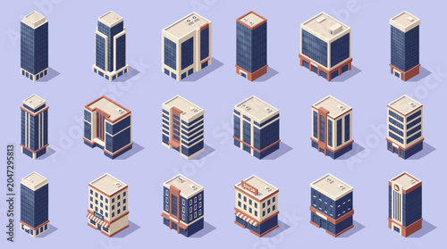 Collection of modern isometric skyscraper icons and office building architectural models isolated on purple background, Represents urban planning visualization and provides corporate assets