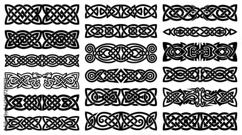 Collection of traditional black celtic knotwork borders and viking ornament dividers isolated on white background, symbolizing historical heritage and provides decorative graphic elements