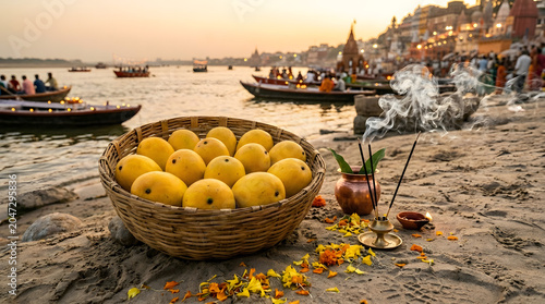 Ganga dussehra ritual offerings with mangoes and incense at sunset