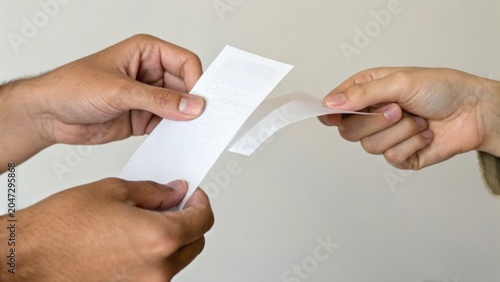 Two people exchanging a small white slip of paper or receipt against a neutral background.