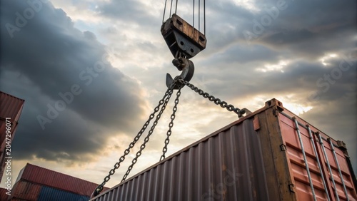 A heavy-duty crane hook lifting a large shipping container against a cloudy sky at sunset, symbolizing industrial logistics and transportation.