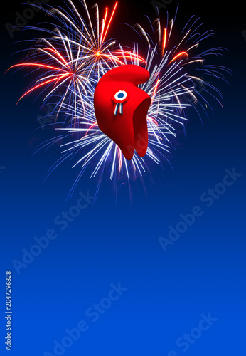 Arrière-plan pour la Fête Nationale du 14 juillet avec bonnet phrygien et feu d'artifice - espace vide pour texte
