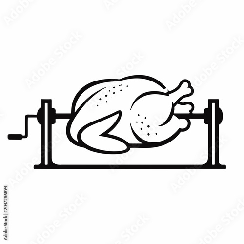 Chicken on a rotisserie spit line art vector for restaurant logo