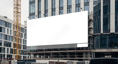 Blank Billboard Mockup on a Modern Glass Facade Amidst Urban Construction.