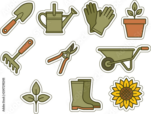 Fotografija Gardening tools sticker set featuring shovel watering can gloves pot rake pruner