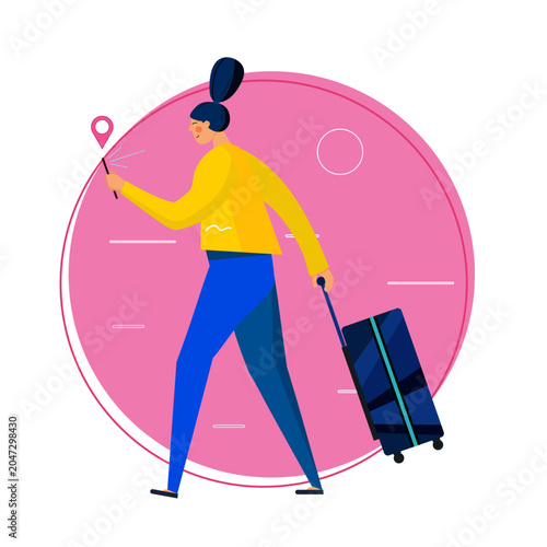 Female Traveler Character Walking with Suitcase and Smartphone Navigation