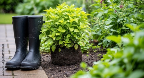 Vibrant Chartreuse Plant with Exposed Roots Awaits Planting Beside Wet Boots