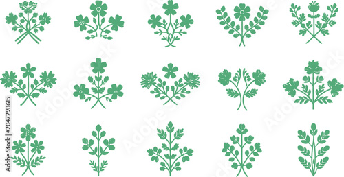 Canvas Print Set of green floral and botanical vector ornaments featuring symmetrical branch