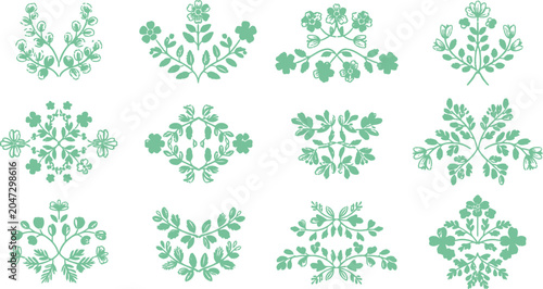 Fotografie Symmetrical light green floral and leafy branch vector ornaments for organic des