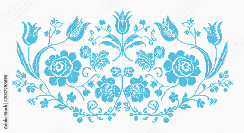 Canvastavla Ornate floral arrangement with tulips and roses in bright blue pixel art style f