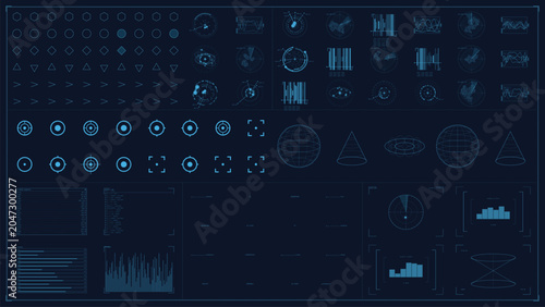 Cyber Tech Vector Elements with Blue Glow Accents on Dark Futuristic HUD Interface Display Background