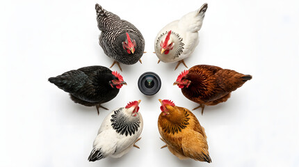 Six colorful hens of different breeds arranged in a perfect circle around a camera lens on a white background.