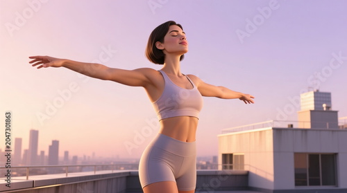 A young woman with a short haircut in sportswear stands on a roof with her arms outstretched.