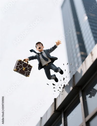 A businessman with a briefcase jumps out of his skyscraper office, financial crisis, falling chart