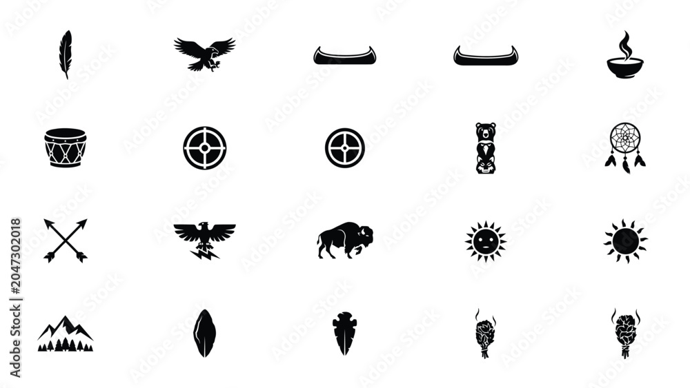 Αυτοκόλλητο Set of indigenous culture flat icons including totem animals and traditional tribal items