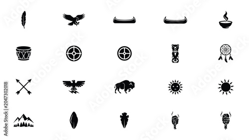 Photos Set of indigenous culture flat icons including totem animals and traditional tribal items