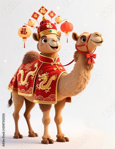 Cheerful dromedary camel in Christmas clothes on a white background.