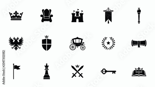 Photos Set of royal medieval monarchy and kingship symbols vector collection illustration