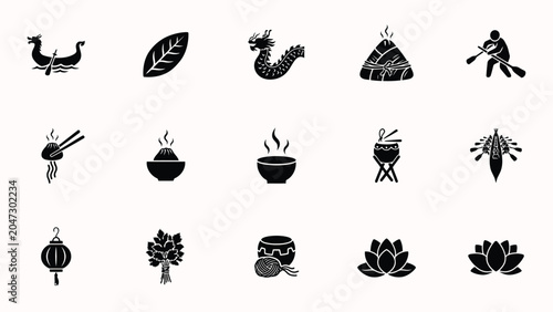 Foto Group of fifteen solid black vector icons representing aspects of chinese spring festival