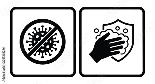 Photos Virus prohibition and handwashing icons black and white flat silhouette coronavi