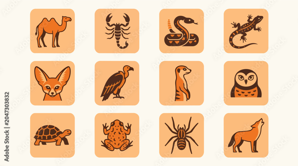 Obraz premium Collection of desert animals depicted in simple square icons.
