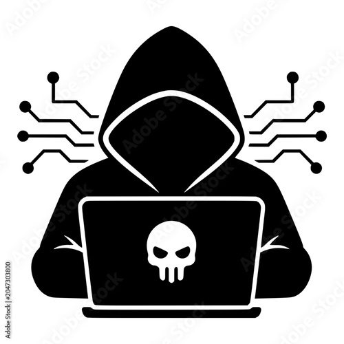 Fotografie Hooded Hacker at Laptop with Skull and Circuits, Black Vector Icon for Cyber Cri