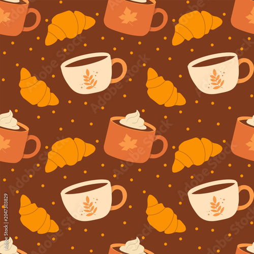 Coffee mugs and croissants seamless pattern featuring autumn leaves and hot beverages on chocolate background used for cafe menus bakery wrapping paper kitchen textiles and branding