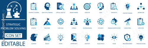 Foto Strategic problem solving icon set featuring corporate business strategy, critical analysis, workflow, decision making, and creative thinking symbols for infographics
