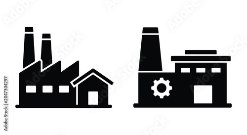 Tableau sur toile Two factory buildings with smokestacks and gears black silhouette factories indu