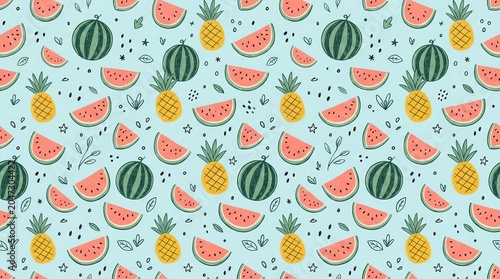 Tropical fruits pineapple watermelon in blue wallpaper background