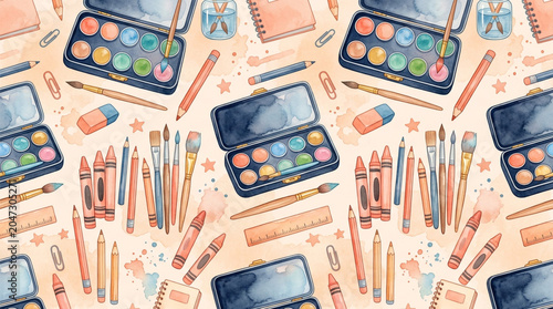 Watercolor Art Supplies and Stationery Seamless Pattern Illustration for Creative Projects